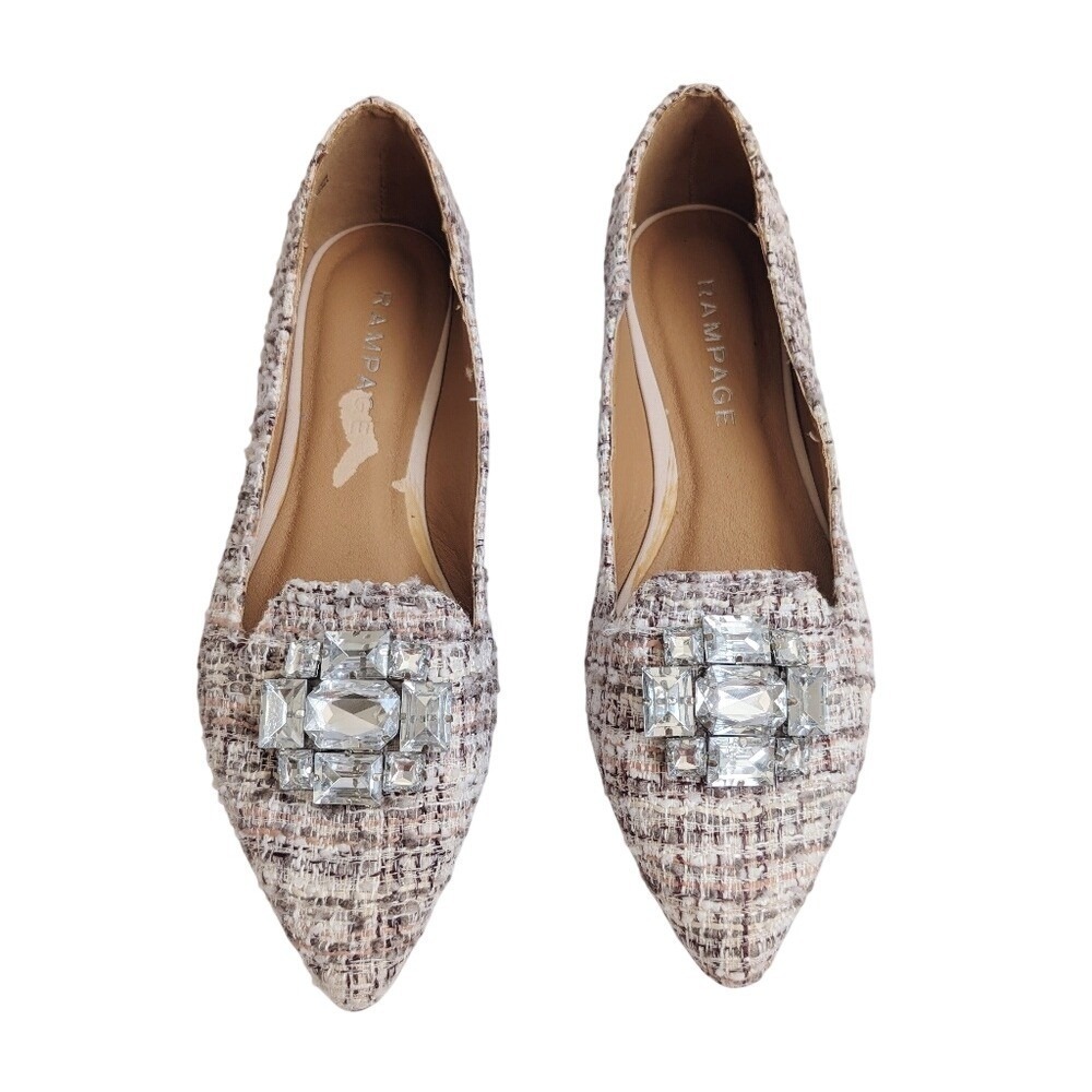 Rampage Woven Maximalism Polished Preppy Tweed Pointed Toe Ballet Flats